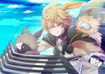  absurdres animal animal_ears arknights artist_name bishounen blonde_hair brown_fur caneeraw clouds fingerless_gloves glasses gloves green_eyes ground_vehicle highres leonhardt_(arknights) mask motor_vehicle motorcycle rabbit_boy rabbit_ears sky tongue tongue_out upper_body yellow_fur 