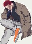  1boy 98_yvo absurdres beard boku_no_hero_academia boots burn_scar casual collared_jacket covering_mouth crossed_legs elbow_on_knee endeavor_(boku_no_hero_academia) facial_hair fingerless_gloves furrowed_brow giant gloves hand_in_pocket hand_over_own_mouth highres leaning_forward male_focus mature_male muscular muscular_male mustache pants redhead scar scar_across_eye scar_on_cheek scar_on_face scar_on_mouth short_hair sideburns sitting slouching solo spiky_hair thinking turtleneck very_short_hair white_background 
