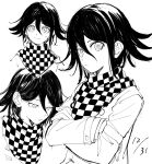  1boy bangs bojue_(hakus_1128) checkered_clothes checkered_scarf closed_mouth cropped_torso crossed_arms danganronpa_(series) danganronpa_v3:_killing_harmony flipped_hair greyscale hair_between_eyes highres jacket long_sleeves looking_at_viewer male_focus medium_hair monochrome multicolored_clothes multicolored_scarf ouma_kokichi scarf short_hair smile sweat 