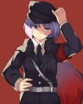  1girl armband bangs black_coat black_headwear black_necktie blue_eyes cape closed_mouth coat collared_shirt commentary_request cookie_(touhou) cowboy_shot geru_futota hand_on_hip hat highres long_sleeves looking_at_viewer military military_hat military_uniform necktie purple_hair red_background red_cape remilia_scarlet rizeass shirt short_hair simple_background solo touhou uniform white_shirt 