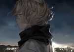  1boy bangs black_eyes blonde_hair breath building city commentary_request crying from_side highres hood hood_down hooded_jacket jacket male_focus night outdoors profile sano_manjirou sky solo syusyu_043 tears tokyo_revengers upper_body 