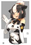  1girl :d animal_ears animal_print bangs bare_shoulders bell black_hair blue_eyes breasts commentary_request cow_ears cow_print elbow_gloves extra_ears eyebrows_visible_through_hair gloves grey_background hair_between_eyes highres holstein_friesian_cattle_(kemono_friends) kemono_friends large_breasts looking_at_viewer multicolored_hair print_shirt shirt simple_background sleeveless sleeveless_shirt smile solo thin_(suzuneya) two-tone_hair upper_body waving white_hair 