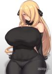  1girl aster_crowley bangs bare_shoulders black_gloves black_pants black_shirt blonde_hair blush breasts closed_mouth cynthia_(pokemon) elbow_gloves eyebrows_visible_through_hair gloves gradient gradient_background grey_eyes hair_ornament hair_over_one_eye highres huge_breasts looking_at_viewer one_eye_covered pants patreon_username pokemon shirt simple_background smile solo 