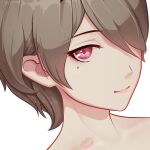 1girl bangs brown_hair close-up closed_mouth colomar hickey highres honkai_(series) honkai_impact_3rd kiss looking_at_viewer mole mole_under_eye rita_rossweisse short_hair simple_background smile solo violet_eyes white_background 