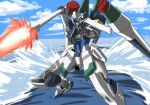  asteroid beam_saber blue_eyes explosion flying glowing glowing_eyes gundam gundam_seed gundam_seed_destiny highres impulse_gundam looking_down lotz mecha mechanical_wings no_humans open_hand shield solo sr-sao v-fin weapon wings 