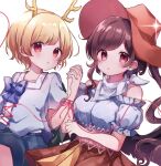  2girls :o antlers arm_ribbon bangs bare_shoulders blonde_hair blue_bow blush bow breasts brown_hair commentary_request detached_sleeves eyebrows_visible_through_hair flat_chest hat holding_hands interlocked_fingers kicchou_yachie kurokoma_saki large_breasts looking_at_viewer moshihimechan multiple_girls parted_lips plaid plaid_shirt red_eyes red_ribbon ribbon shirt simple_background skirt sleeveless sleeveless_shirt swept_bangs touhou white_background yellow_skirt 