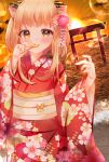  1girl animal_ear_fluff animal_ears blonde_hair blush brown_eyes candy chinese_zodiac clouds commentary floral_print flower foam food hair_flower hair_ornament hands_up highres holding holding_candy holding_food holding_lollipop japanese_clothes kimono lollipop long_sleeves misaki_(misaki86) nengajou new_year obi orange_flower original outdoors pink_flower print_kimono red_kimono sash sky smile solo sunrise tiger_ears torii water white_flower wide_sleeves year_of_the_tiger 