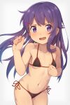  1girl akatsuki_(kancolle) bare_arms bare_legs bare_shoulders bikini black_bikini blush breasts collarbone cowboy_shot fang hair_between_eyes highres jabittoson kantai_collection long_hair navel open_mouth purple_hair simple_background skin_fang small_breasts solo swimsuit violet_eyes 