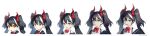  1girl :d :o absurdres artist_name black_hair bow bowtie buttons center_frills character_request chibi closed_mouth copyright_request eyebrows_visible_through_hair frills hair_between_eyes highres horns long_hair looking_at_viewer multicolored_hair off_shoulder open_mouth portrait progression red_bow red_bowtie red_horns shirt simple_background slit_pupils smile soyoong_jun streaked_hair twintails wavy_mouth white_background white_hair white_shirt wide_image yellow_eyes 