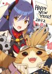  1boy 1girl 2022 :d :o android bangs blue_hair breasts commentary_request eyebrows_visible_through_hair happy_new_year highres kinagi_(3307377) long_hair looking_at_viewer new_year poppi_(xenoblade) poppi_qtpi_(xenoblade) smile tora_(xenoblade_2) xenoblade_chronicles_(series) xenoblade_chronicles_2 yellow_eyes 