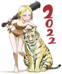  1girl 2022 animal animal_print bikini blonde_hair character_request check_character club_(weapon) highres holding holding_weapon horns leaning_forward looking_at_viewer nakahara_kaihei original pink_eyes shadow short_hair side-tie_bikini spiked_club standing swimsuit tiger tiger_print weapon 
