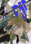  1boy animal_ears arknights bishounen blonde_hair boots fingerless_gloves gloves green_eyes green_hair hand_up highres jacket leonhardt_(arknights) looking_at_viewer male_focus multicolored_hair necktie one_eye_closed oumaigang polearm rabbit_boy rabbit_ears rabbit_tail short_hair spear tail weapon 