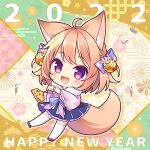  1girl 2022 :d ahoge animal_ear_fluff animal_ears bangs bell blue_bow blush bow brown_footwear brown_hair chibi commentary_request egasumi ema eyebrows_visible_through_hair fang flower fox_ears fox_girl fox_tail full_body hair_bell hair_bow hair_flower hair_ornament happy_new_year holding japanese_clothes jingle_bell kimono long_sleeves looking_at_viewer new_year original pink_kimono ryuuka_sane smile solo tail thigh-highs violet_eyes white_flower white_legwear wide_sleeves zouri 