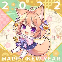  1girl 2022 :d ahoge animal_ear_fluff animal_ears bangs bell blue_bow blush bow brown_footwear brown_hair chibi commentary_request egasumi ema eyebrows_visible_through_hair fang flower fox_ears fox_girl fox_tail full_body hair_bell hair_bow hair_flower hair_ornament happy_new_year holding japanese_clothes jingle_bell kimono long_sleeves looking_at_viewer new_year original pink_kimono ryuuka_sane smile solo tail thigh-highs violet_eyes white_flower white_legwear wide_sleeves zouri 