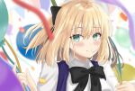  1girl :d ahoge artoria_pendragon_(all) balloon bangs black_bow black_neckwear black_ribbon blonde_hair blue_dress boots bow brown_footwear cross-laced_footwear dress eyebrows_visible_through_hair fate/grand_order fate/unlimited_codes fate_(series) green_eyes hair_bow haruka_(pixiv14974055) highres holding_balloon long_sleeves looking_at_viewer ribbon saber_lily short_hair simple_background sitting smile solo white_background 
