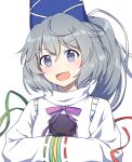  1girl blue_eyes blue_headwear blush caramell0501 commission eyebrows_visible_through_hair grey_hair hair_between_eyes hat japanese_clothes kariginu korean_commentary long_hair mononobe_no_futo open_mouth pom_pom_(clothes) ponytail ribbon-trimmed_sleeves ribbon_trim simple_background sleeves_past_fingers sleeves_past_wrists smile solo tate_eboshi touhou upper_body white_background wide_sleeves 