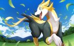  boltund clouds commentary_request day fangs grass green_eyes hakuginnosora highres hill leaves_in_wind looking_back no_humans open_mouth outdoors pokemon pokemon_(creature) running sky solo tongue tongue_out tree 