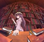  1girl absurdres bangs book bookshelf closed_mouth crescent_moon dress eyebrows_visible_through_hair from_side hat highres holding holding_book indoors library long_hair mob_cap moon patchouli_knowledge purple_dress purple_hair reading solo standing star_(symbol) topadori touhou violet_eyes 