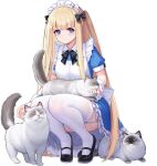  1girl allenes animal azur_lane black_bow black_footwear blonde_hair blue_eyes bow cat full_body garter_straps highres icarus_(at_your_service)_(azur_lane) icarus_(azur_lane) kneeling long_hair looking_at_viewer maid maid_headdress official_alternate_costume official_art smile thigh-highs transparent_background white_legwear 
