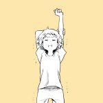  1girl arms_up closed_eyes closed_mouth commentary cowboy_shot monochrome muji_(uimss) original pants shirt short_hair short_sleeves solo stretch trembling 