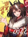  1girl ahoge animal_ears bangs black_hair blush commentary_request eyebrows_visible_through_hair flower glglpanda hair_between_eyes hair_flower hair_ornament highres horse_ears horse_girl japanese_clothes kimono kitasan_black_(umamusume) looking_at_viewer new_year red_eyes short_hair solo umamusume white_hair 