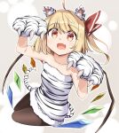  1girl ahoge alternate_costume animal_ear_fluff animal_ears animal_print bare_arms black_legwear blonde_hair bow chinese_zodiac collarbone commentary_request dress eyebrows_visible_through_hair fang flandre_scarlet fur-trimmed_dress fur_trim hair_bow hands_up kemonomimi_mode looking_at_viewer moja_(moja4192) new_year no_hat no_headwear one_side_up open_mouth orange_eyes pantyhose paw_pose reclining red_bow short_dress short_hair skin_fang smile solo strapless strapless_dress tail tiger_ears tiger_print tiger_stripes tiger_tail touhou white_dress wings year_of_the_tiger 