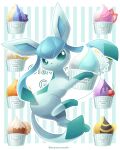  closed_mouth commentary_request cup full_body glaceon green_eyes highres holding holding_cup no_humans outline pokemon pokemon_(creature) sasabunecafe smile solo toes 