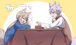  1boy 1girl :d animal_ear_fluff animal_ears arknights bangs basket blood blue_sweater blush cardigan_(arknights) closed_eyes dog_ears dog_girl dog_tail facing_another food fox_boy fox_ears fox_tail from_side fruit holding holding_food index_finger_raised kotatsu long_sleeves looking_at_another looking_at_viewer low_ponytail mandarin_orange minowa_sukyaru open_mouth profile purple_hair shirt short_hair side_ponytail sideways_mouth sitting smile steward_(arknights) sweater sweater_vest table tail translation_request two-tone_background v-shaped_eyebrows violet_eyes white_shirt 