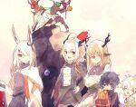  3boys 3girls alina_(arknights) animal_ears arknights aruke0 christmas clown_nose demon_boy demon_horns dragon_girl dragon_horns father_and_daughter faust_(arknights) frostnova_(arknights) highres horns mephisto_(arknights) multiple_boys multiple_girls patriot_(arknights) pointy_ears rabbit_ears rabbit_girl talulah_(arknights) talulah_the_fighter_(arknights) wendigo younger 