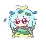  1girl antennae aqua_hair black_eyes blush_stickers butterfly_wings caramell0501 chibi closed_mouth dress eternity_larva fairy full_body green_dress hair_between_eyes highres korean_text leaf leaf_on_head multicolored_clothes multicolored_dress pien shirt short_sleeves simple_background single_strap solo symbol-only_commentary touhou white_background wings 