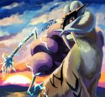  clouds commentary_request electricity fangs highres no_humans open_mouth outdoors penta_oekaki pink_eyes pokemon pokemon_(creature) raikou solo sunset tusks twilight 