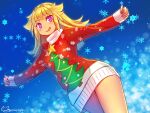  1girl bangs blonde_hair christmas christmas_sweater christmas_tree commentary_request dress dutch_angle eyebrows_visible_through_hair long_hair long_sleeves looking_at_viewer messy_hair mitake_eil open_mouth original outstretched_arms red_dress signature smile snowflakes snowing solo spread_arms standing star_(symbol) sweater sweater_dress twitter_username violet_eyes 