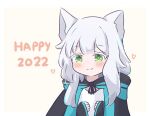  1girl animal_ears arknights bangs black_cape blush cape cat_ears closed_mouth eyebrows_visible_through_hair green_eyes happy_new_year heart kurotofu long_hair looking_at_viewer new_year rosmontis_(arknights) silver_hair simple_background smile solo upper_body white_background 