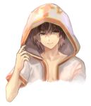  1boy bangs brown_eyes brown_hair closed_mouth coat commentary_request cropped_torso gold_trim hood hood_up hooded_coat looking_at_viewer male_focus misuguu monk_(ragnarok_online) multicolored_coat open_clothes open_coat ragnarok_online red_coat shaded_face simple_background smile solo upper_body white_background white_coat 