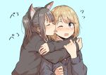  2girls absurdres animal_ears bangs betock black_sweater blonde_hair blue_background blue_eyes blush brown_hair closed_eyes commentary_request eyebrows_visible_through_hair eyelashes fake_animal_ears highres hug licking licking_another&#039;s_cheek licking_another&#039;s_face multiple_girls one_eye_closed open_mouth original short_hair simple_background sweater swept_bangs tongue tongue_out yuri 