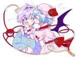  2girls bat_wings blue_hair blush bow closed_eyes de17a dress frilled_shirt_collar frills hairband hand_on_another&#039;s_face hand_on_another&#039;s_shoulder hat heart highres kiss kissing_cheek komeiji_satori large_bow long_sleeves mob_cap multiple_girls one_eye_closed purple_hair remilia_scarlet short_hair third_eye touhou upper_body violet_eyes wings yuri 