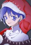  1girl absurdres black_capelet blue_eyes blue_hair capelet diamond-shaped_pupils diamond_(shape) doremy_sweet dress earrings eyeshadow hat highres jewelry makeup mizoreshi multicolored_clothes multicolored_dress nightcap pom_pom_(clothes) short_hair solo symbol-shaped_pupils touhou 
