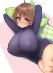  ahoge arms_up bikini bikini_bottom black_hoodie blush breasts brown_hair covered_nipples hood hoodie huge_breasts no_pants oppai_loli original pillow short_hair shortstack simple_background swimsuit swimsuit_under_clothes watari1118 