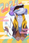  2022 chinese_zodiac claws commentary_request full_body highres looking_down mo~zu no_humans pokemon pokemon_(creature) raikou red_eyes sitting tusks year_of_the_tiger 