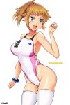  1girl absurdres adapted_costume aiuti blue_eyes breasts brown_hair character_name collarbone commentary_request competition_swimsuit cowboy_shot gundam gundam_build_fighters gundam_build_fighters_try highleg highleg_swimsuit highres hoshino_fumina medium_breasts one-piece_swimsuit open_mouth ponytail smile solo standing swimsuit thigh-highs twitter_username white_legwear white_swimsuit zettai_ryouiki 