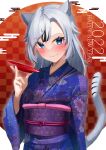  1girl 2022 absurdres alcohol animal_ears black_hair blue_eyes blue_kimono blush checkered_background chinese_zodiac closed_mouth commentary_request cup egasumi floral_print happy_new_year highres holding holding_cup japanese_clothes kimono long_hair long_sleeves looking_at_viewer multicolored_hair new_year obi original print_kimono red_background sakazuki sake sash seele0907 silver_hair smile solo streaked_hair tail tiger_ears tiger_girl tiger_tail two-tone_hair upper_body wide_sleeves year_of_the_tiger yukata 