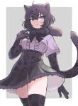  1girl animal_ears black_bow black_bowtie black_fur black_gloves black_hair black_jaguar_(kemono_friends) black_legwear black_skirt blue_eyes blush bow bowtie center_frills commentary_request cowboy_shot elbow_gloves eyebrows_visible_through_hair frills from_below fur_collar fur_trim gloves high-waist_skirt jaguar_ears jaguar_girl jaguar_print jaguar_tail kemono_friends looking_at_viewer print_gloves print_legwear print_skirt purple_shirt shirt short_hair short_sleeves skirt solo tail thigh-highs tmtkn1 zettai_ryouiki 