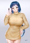  1girl artist_name blue_hair breasts cellphone closed_mouth commentary_request cowboy_shot easonx english_commentary eyelashes gradient gradient_background green_eyes hand_up highres holding holding_phone iori_rinko large_breasts long_hair long_sleeves mixed-language_commentary phone ribbed_sweater smartphone smile solo standing sweater turtleneck turtleneck_sweater very_long_hair yellow_sweater 