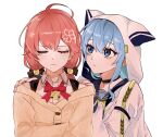  2girls ahoge blue_eyes blue_hair buttons closed_eyes collarbone commentary_request crossed_arms flower hair_flower hair_ornament hands_on_another&#039;s_shoulders highres hololive hood hood_up hoodie hoshimachi_suisei ivi_1596 long_sleeves looking_at_another low_twintails multiple_girls pink_hair red_neckwear sakura_miko twintails upper_body virtual_youtuber white_background yuri 
