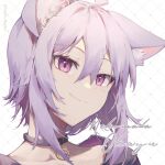  1girl ahoge animal_ear_fluff artist_name bangs black_choker cat_girl character_name chinese_commentary choker closed_mouth commentary_request eyebrows_visible_through_hair hair_between_eyes hidari_yuuko hololive long_hair looking_at_viewer nekomata_okayu purple_hair simple_background smile solo violet_eyes virtual_youtuber 