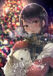  blurry blurry_background blush breath brown_eyes candy candy_cane christmas christmas_ornaments christmas_tree coat covered_nipples eyebrows_visible_through_hair eyes_visible_through_hair food gloves hair_between_eyes hand_on_own_chest highres looking_at_viewer medium_hair merry_christmas mittens open_mouth original outdoors plaid plaid_scarf purple_hair reaching_out red_gloves sakayama_shinta scarf smile snow snowing star_(symbol) tree upper_body winter_clothes 