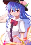  1girl absurdres arm_up blue_hair blush bow bowtie fire hair_between_eyes hat highres hinanawi_tenshi light_smile long_hair looking_at_viewer red_bow red_bowtie red_eyes saki_(14793221) simple_background solo touhou upper_body very_long_hair white_background 