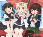  2021 black_hair black_legwear black_ribbon black_sailor_collar black_serafuku black_skirt blonde_hair brown_hair closed_eyes crescent crescent_pin dango feet_out_of_frame food fubuki_(kancolle) gradient_hair green_eyes green_sailor_collar green_skirt hair_flaps hair_ornament hair_ribbon hairclip highres kantai_collection long_hair multicolored_hair mutsuki_(kancolle) neckerchief oil-paper_umbrella pantyhose red_eyes red_neckerchief redhead remodel_(kantai_collection) ribbon sailor_collar scarf school_uniform serafuku short_hair sitting skirt umbrella wagashi wateru white_scarf yuudachi_(kancolle) 