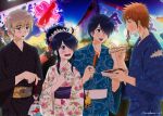  1girl 3boys ani_ni_tsukeru_kusuri_wa_nai animal black_hair black_kimono blonde_hair blue_eyes blue_kimono blush cowboy_shot dated eating festival fish floral_print food goldfish holding holding_animal holding_food japanese_clothes kai_xin kimono morineko_zion multiple_boys night orange_hair sash shi_fen shi_mao sidelocks signature wan_sui white_sash yellow_eyes yellow_sash 