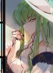  1girl bangs bare_shoulders c.c. code_geass creayus detached_collar detached_sleeves dress eyebrows_visible_through_hair flower from_side fur-trimmed_sleeves fur_trim green_hair hat holding holding_flower long_hair long_sleeves looking_at_viewer looking_to_the_side parted_lips sketch smile solo strapless strapless_dress upper_body white_dress white_headwear yellow_eyes 